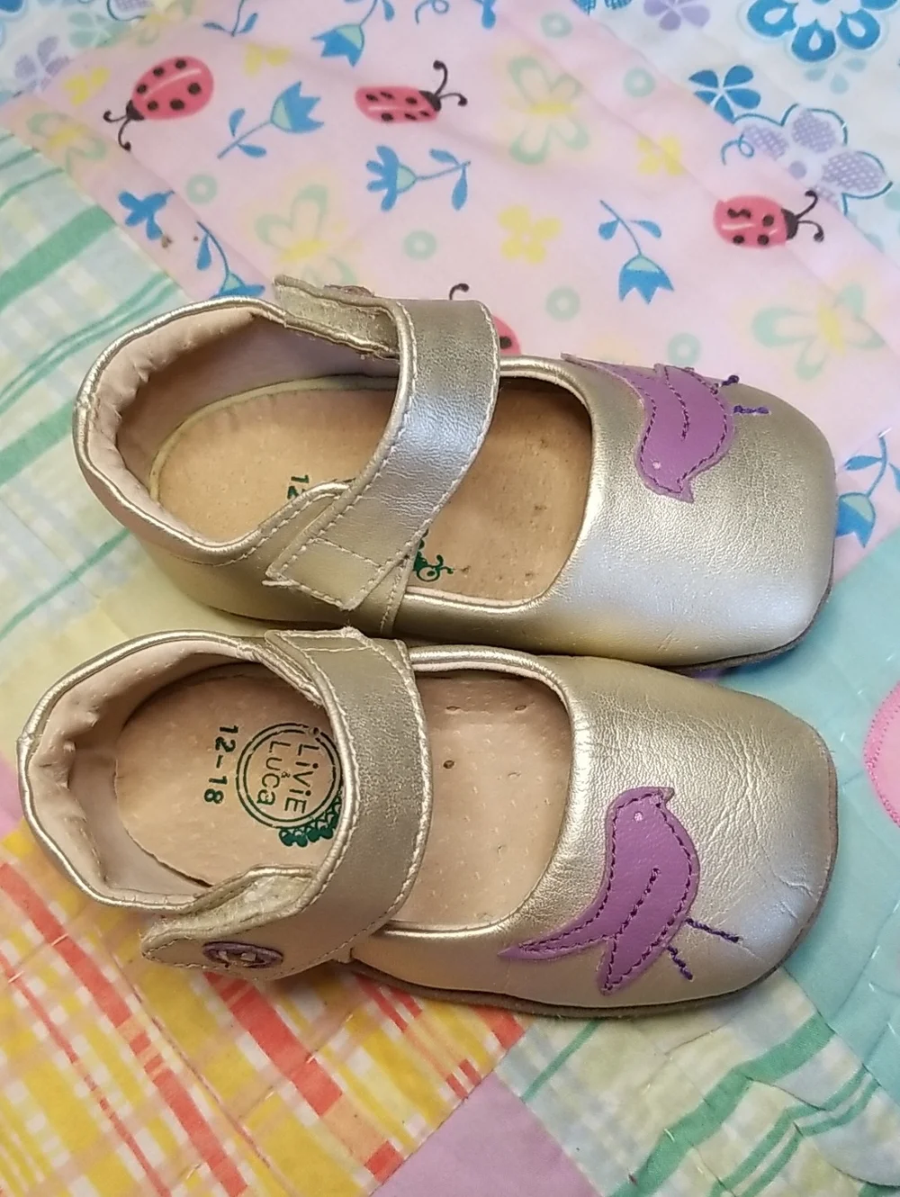 Livie & Luca Metallic Gold Leather Mary Janes with Purple Bird 12-18 Month Pio